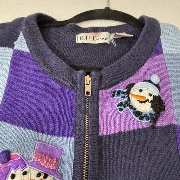 Vintage BP Design Christmas Snowman Sweater Purple Patchwork Zip-Up Y2K - Picture 3 of 8
